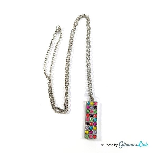 Rectangular Multi Color Rhinestone Crystals Pendant Necklace - Picture 5 of 8